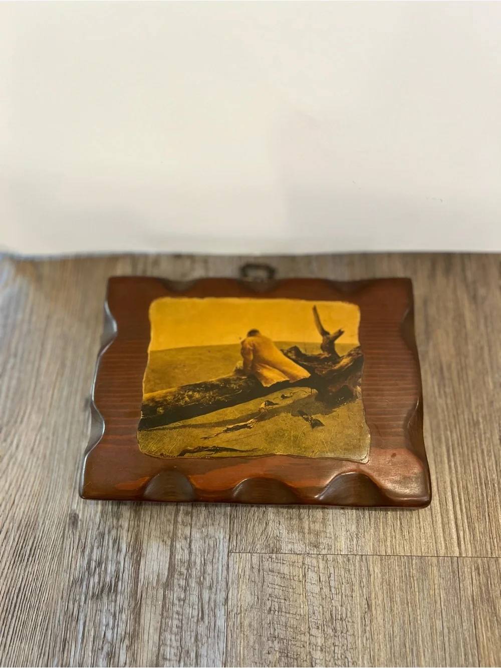 Vintage wood plaque featuring April Wind picture art- brown